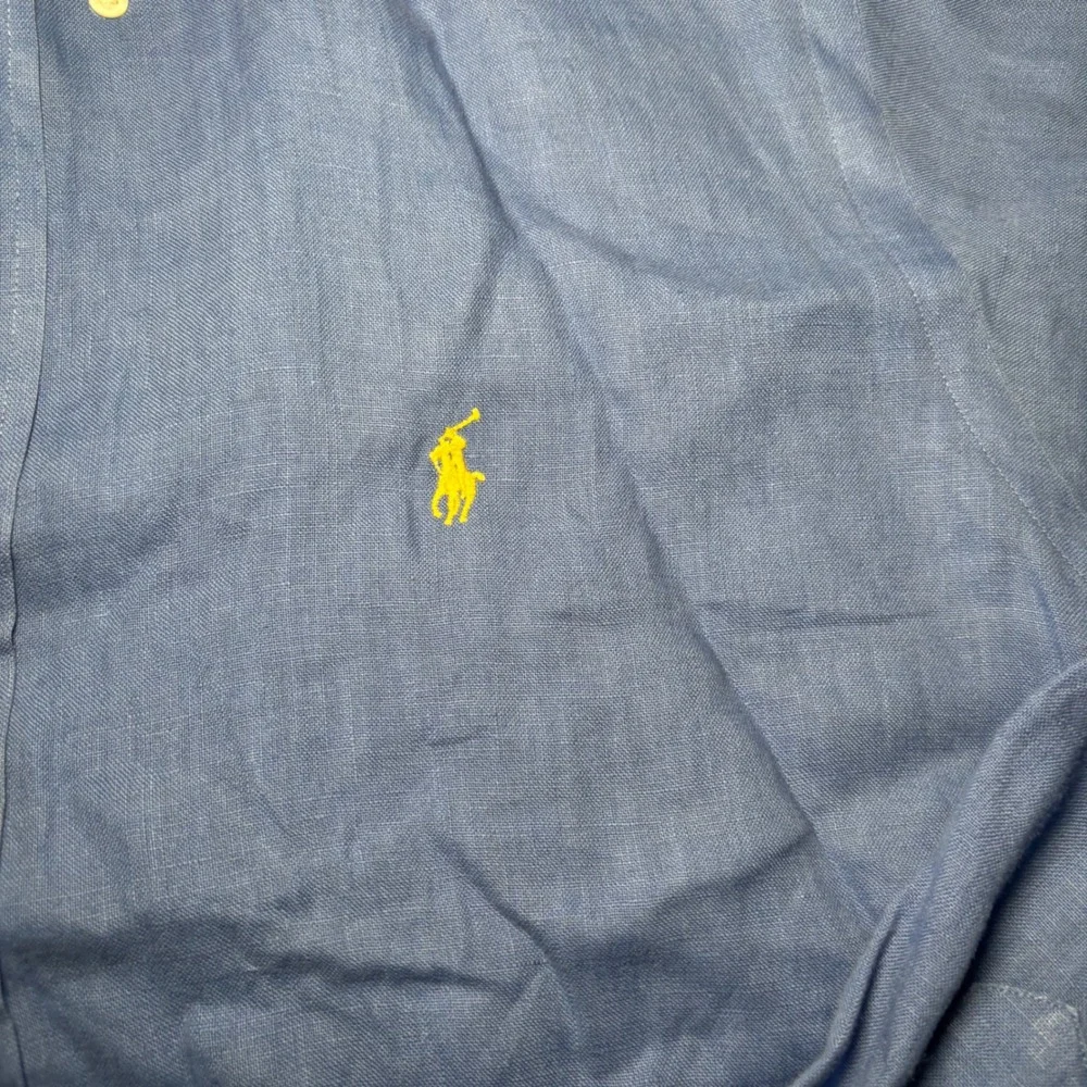Polo Ralph Lauren Mens Blue 100% Linen Custom Fit Long Sleeve Shirt Large Logo